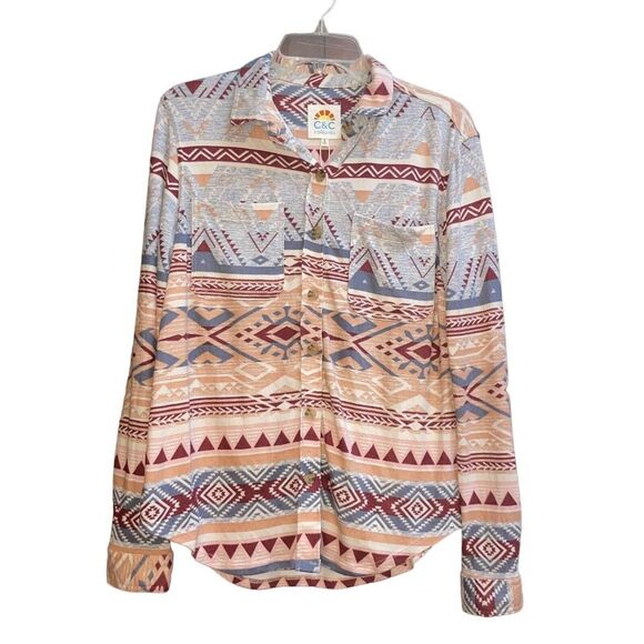 C&C California S Aztec Print Soft Button Up Casual Shirt NWT - Picture 2 of 6